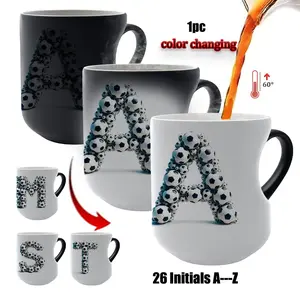 Color Changing Mug, Soccer Ball Initial Letter A-Z Heat Sensitive Magic Coffee Cup, 11oz Personalized Football Alphabet Ceramic Tea Mug, Unique Sport Themed Gift for Men Boys Soccer Fans