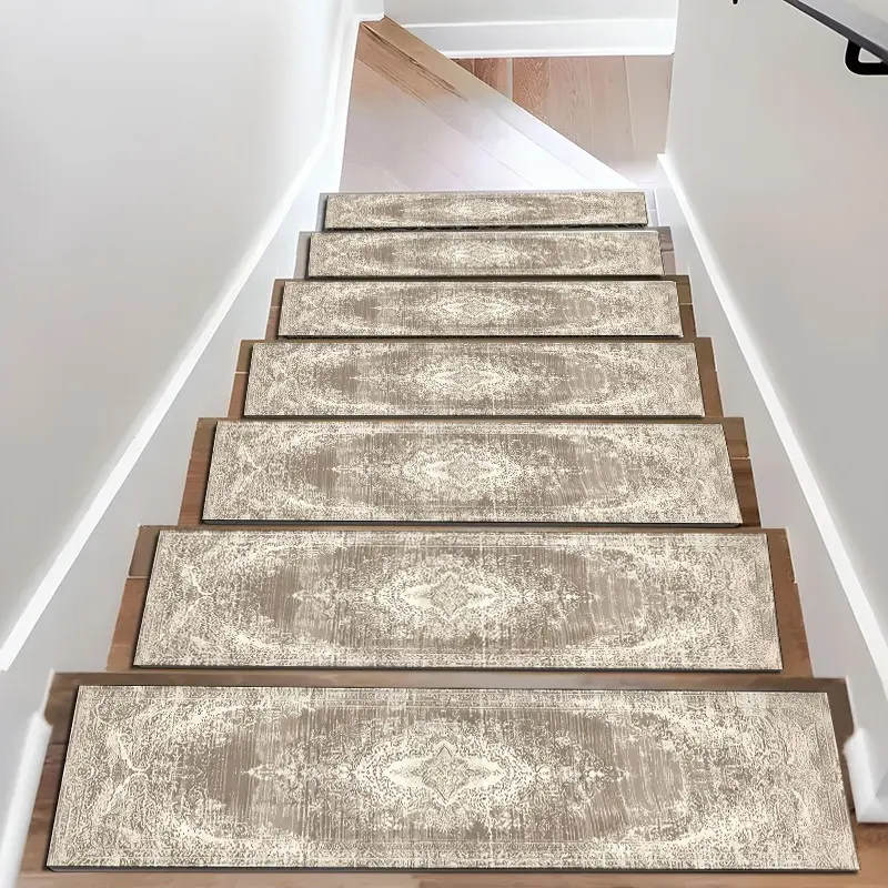 6/8/15pcs Vintage Distressed Neutral Faded Oriental Diatom Mud Stair Treads, Super Absorbent Non Slip Carpet Mats for Wood Steps, Quick Drying Moisture Wicking Stair Runners, Anti Slip Washable Rugs for Dogs Kids Elderly