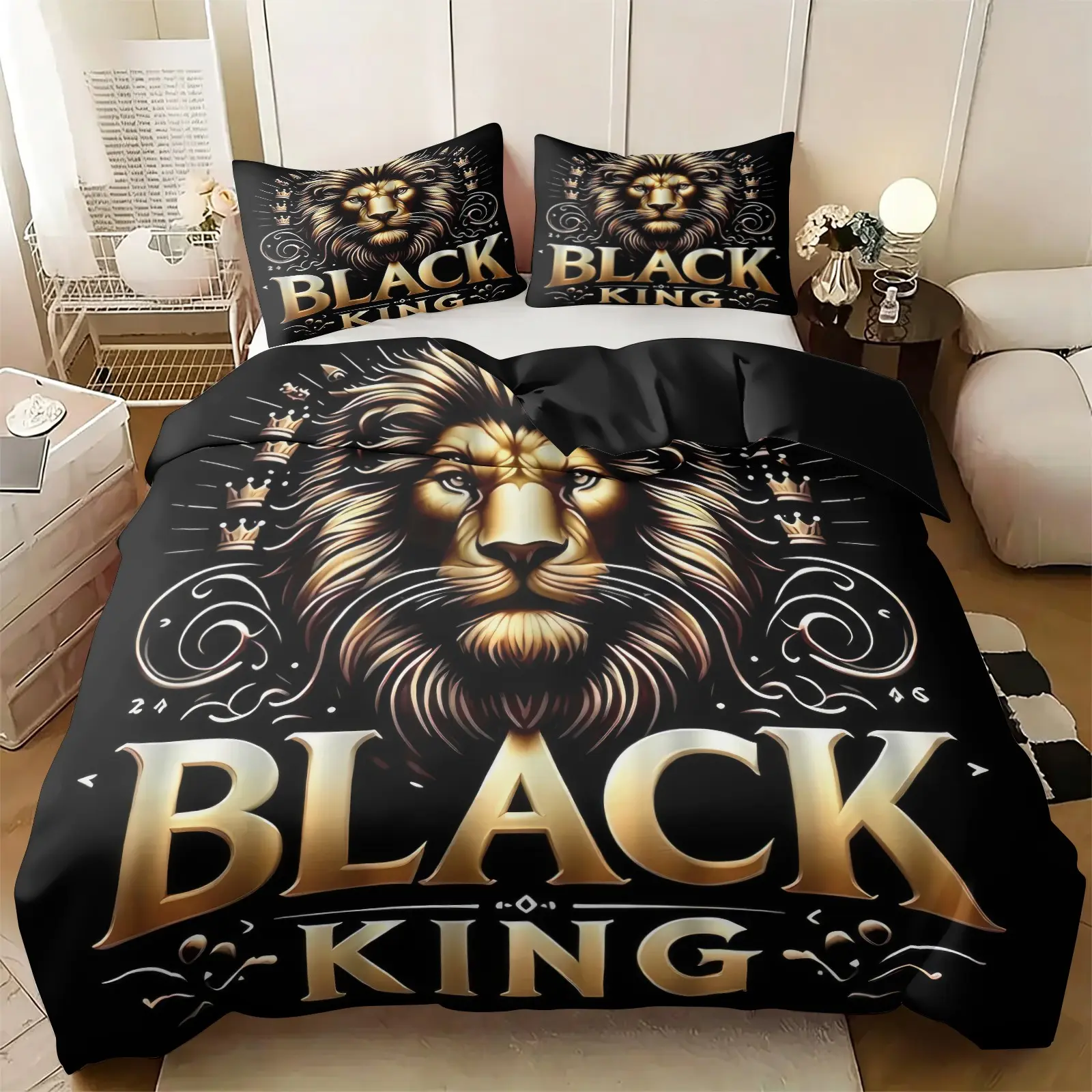 Trendy Black‑gold Lion King Print Duvet Cover Set, Include 1 Duvet Cover and 1‑2 coreless Pillowcases, Soft Breathable Fabric, Stunning Luxury Masculine‑style Bedding, Multiple Sizes, Men Bedroom Decor And Gift