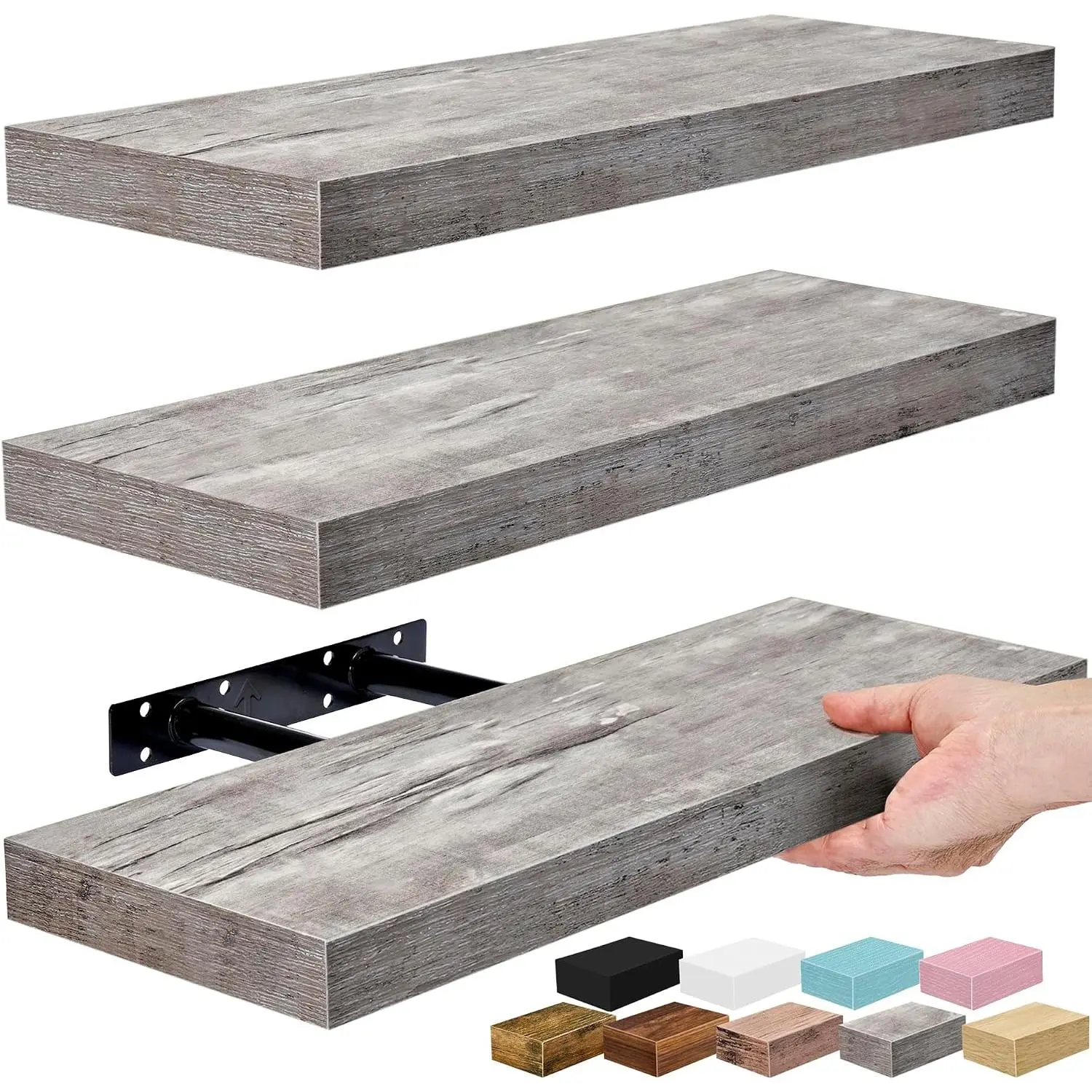 Floating Shelves for Wall – 16 Inch Floating Shelf for Kitchen, Bedroom, Living Room, Bathroom, Home & Wall Decor - Mounted Bathroom Shelves with Invisible Brackets (Grey, 3 Pack)