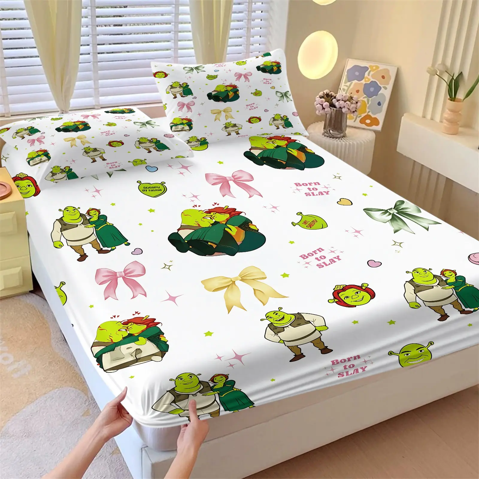 Shrek Cartoon Fitted Sheet Set, 1 Fitted Sheet + 2 Pillowcases, Funny Shrek and Fiona Print Bedding, Soft Breathable Microfiber Bed Linen for Kids Teens, All Season Bedroom Decor