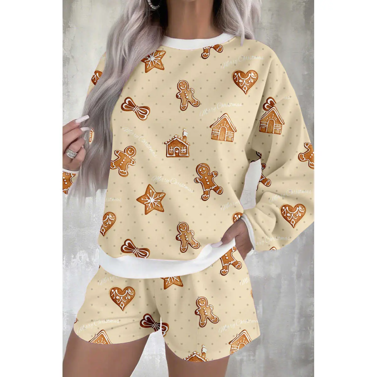 Men's Comfy 2-Piece Matching Polyester Casual Pajamas Set - Beige Gingerbread Man Christmas Printed Longsleeves Pullover & Lounge Shorts, Nightwear Loungewear