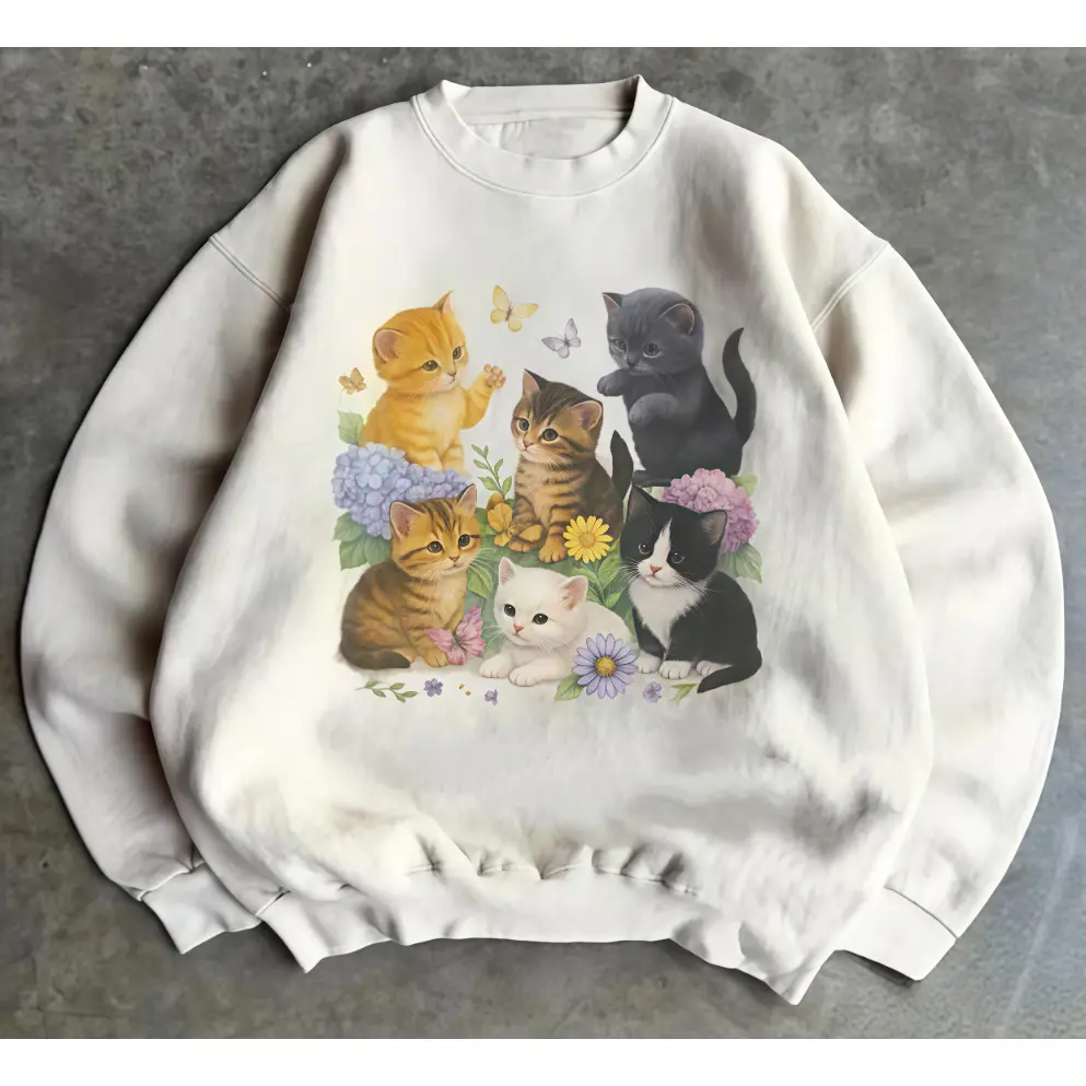 Women's Cute Kittens Floral Butterfly Garden Graphic Cotton Oversized Hoodie - Soft Animal-Print Lady's Casual Colorful Crewneck Sweatshirt, Perfect Pet Lover Gift