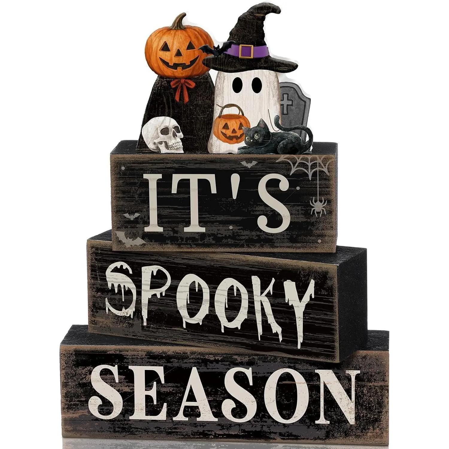 4 Pcs Halloween Table Decor Pumpkin Ghost Wood Stacked Block Set, "It's Spooky Season" Centerpiece Signs, Rustic Gothic Tiered Tray Decoration for Home Office Kitchen ShelfGift