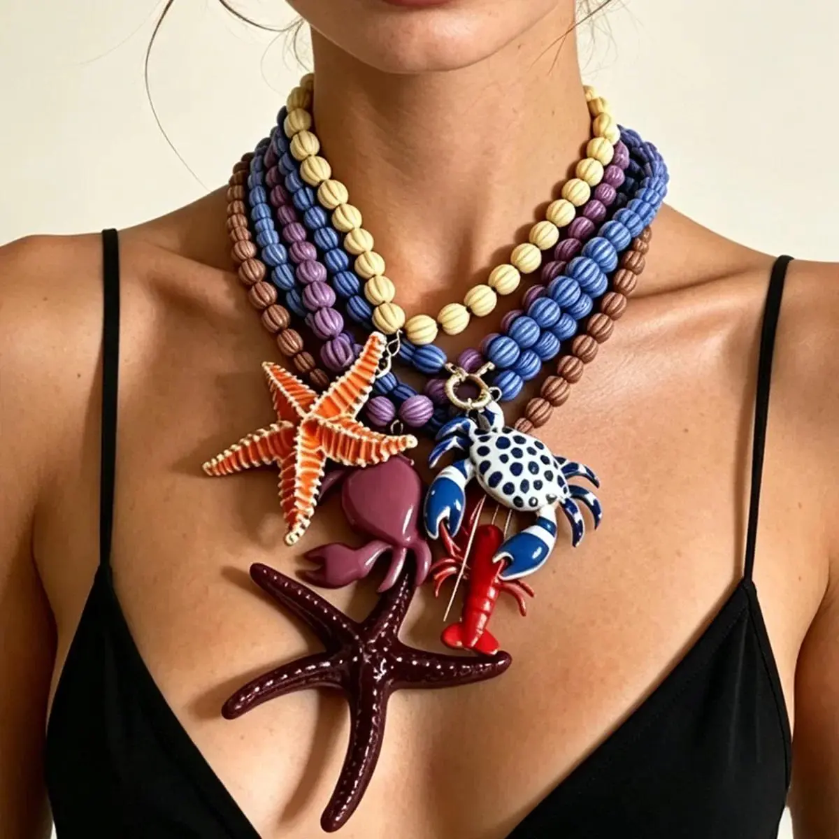 Beach and seaside Boho Colorful Beaded Statement Necklace Women Ocean Theme Starfish Crab Lobster Pendant Choker Gif Jewelry