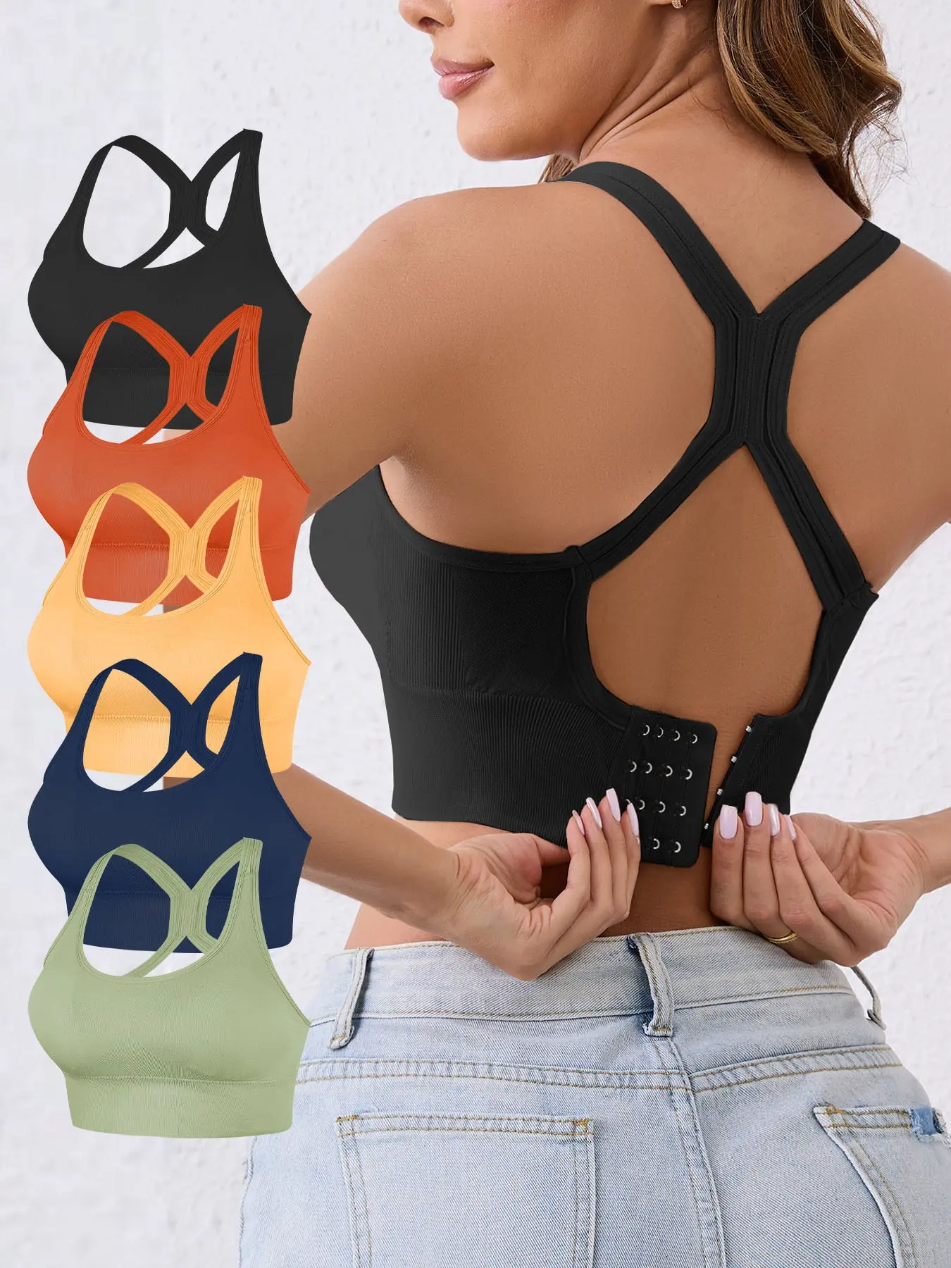 Women's High-Support Sports Bras 5 Pack, Wireless High-Impact Yoga Gym Workout Bra, Comfortable Breathable with Removable Pads & Crisscross Back
