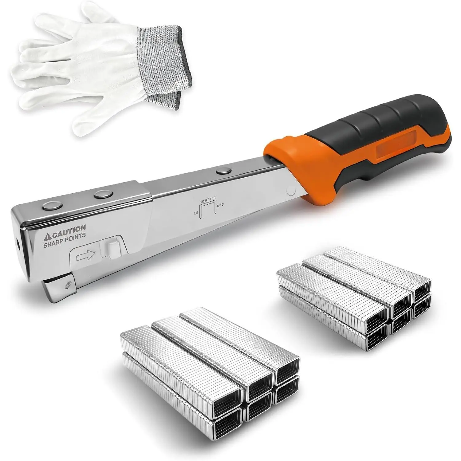 Heavy Duty Compact Hammer Tacker Stapler Kit - Steel Construction with Jam-Resistant Mechanism, Includes 1200 T50 Staples (1/4 in & 5/16 in) & Work Gloves for House Wrap, Insulation 1050301