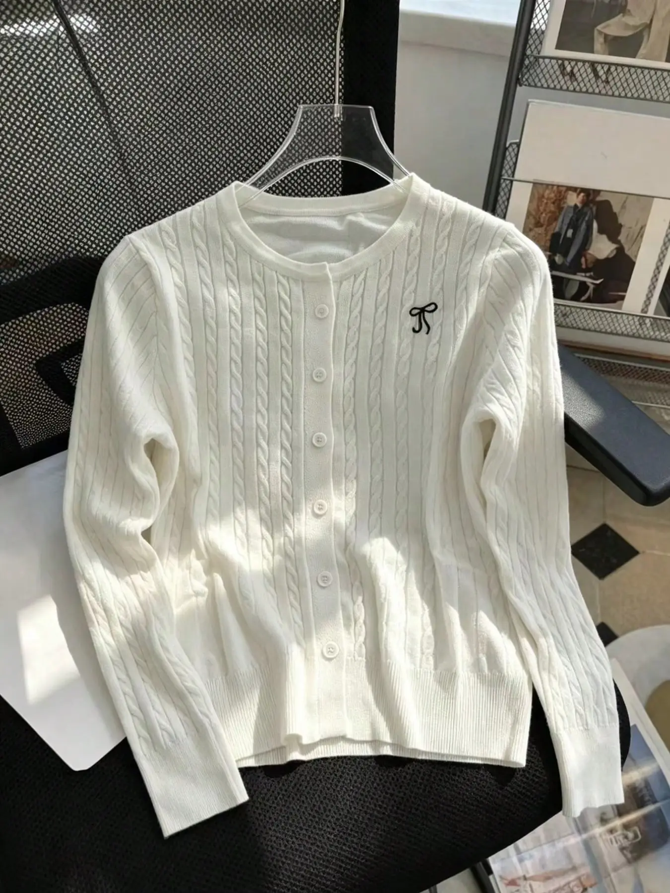 Sweet Embroidered Bow Knit Sweater, Knitwear, Simple Round Neck Long Sleeve, Fall Winter Open Front Cardigan, Casual Streetwear
