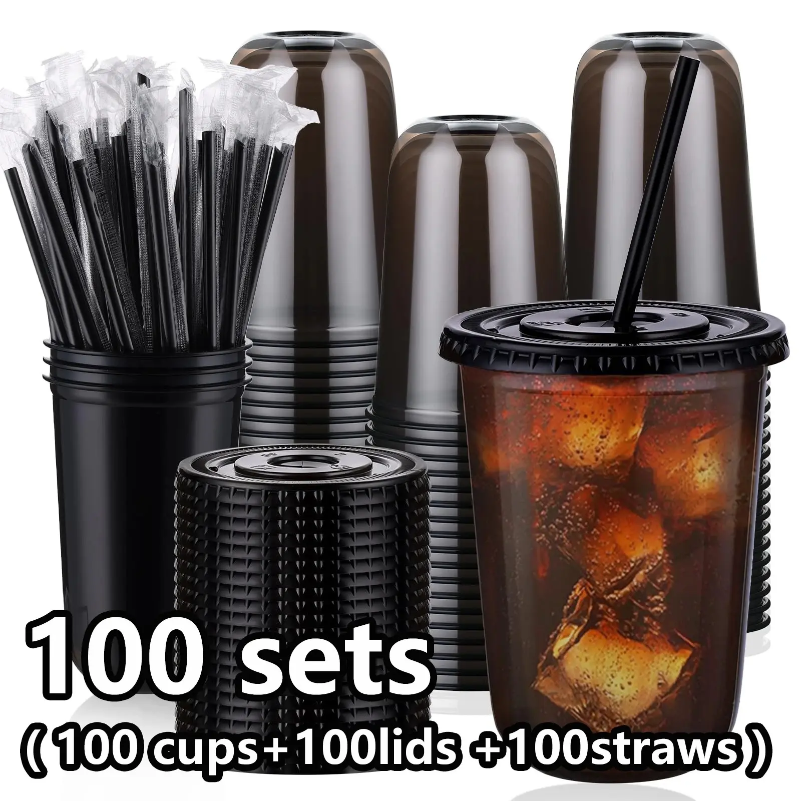 100 sets of 16-ounce black clear cups (includes lids and straws)—disposable cold drink cups suitable for iced coffee, milk tea, smoothies, and parties