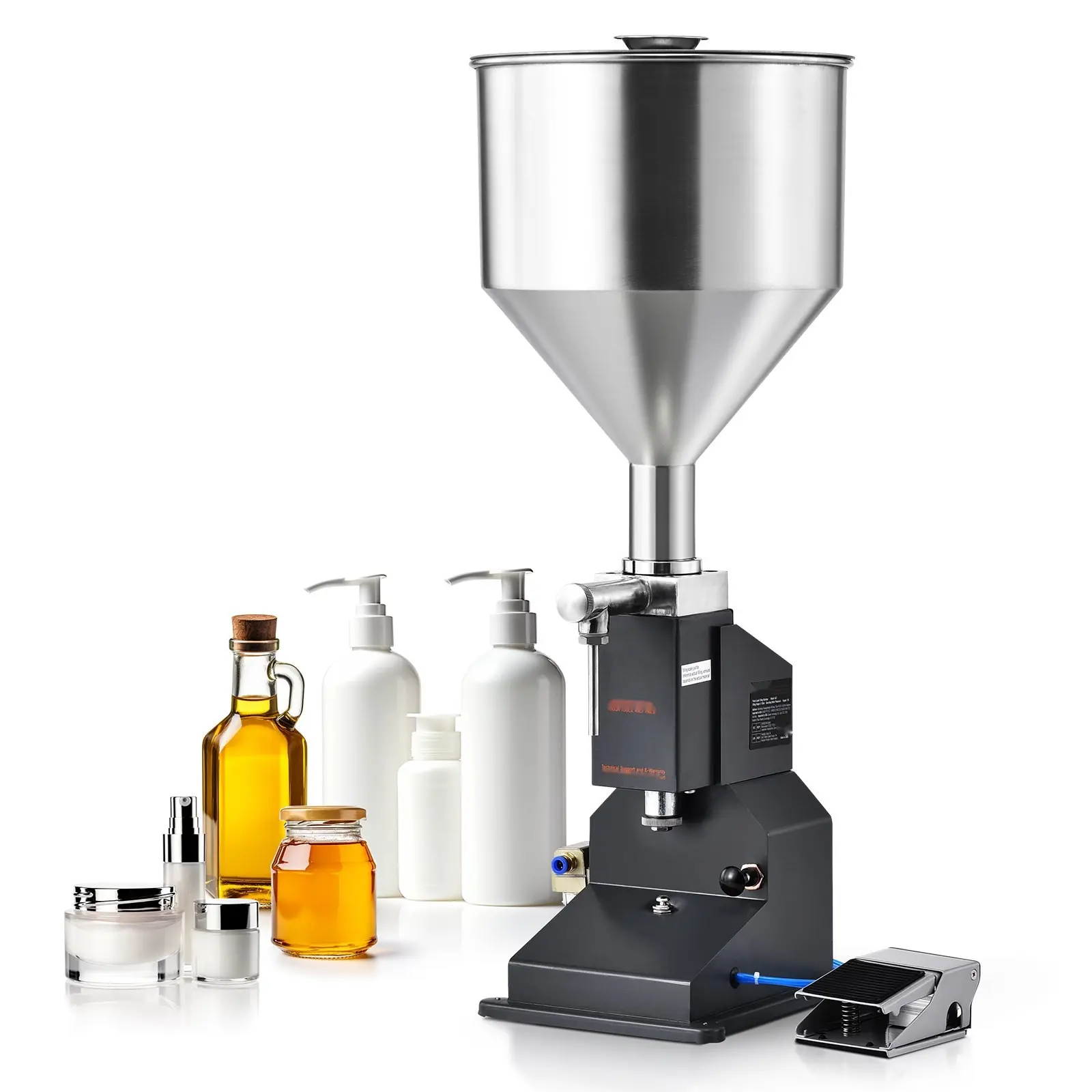 Stainless Steel Pneumatic Paste & Liquid Filling Machine (5-50ml Bottles) - Kitchen Utensils with Pedal, Adjustable Flow, Manual Fill, Manual-Assist System for Home Use (Milk, Essential Oils, Cosmetic Cream), Pedal Assist