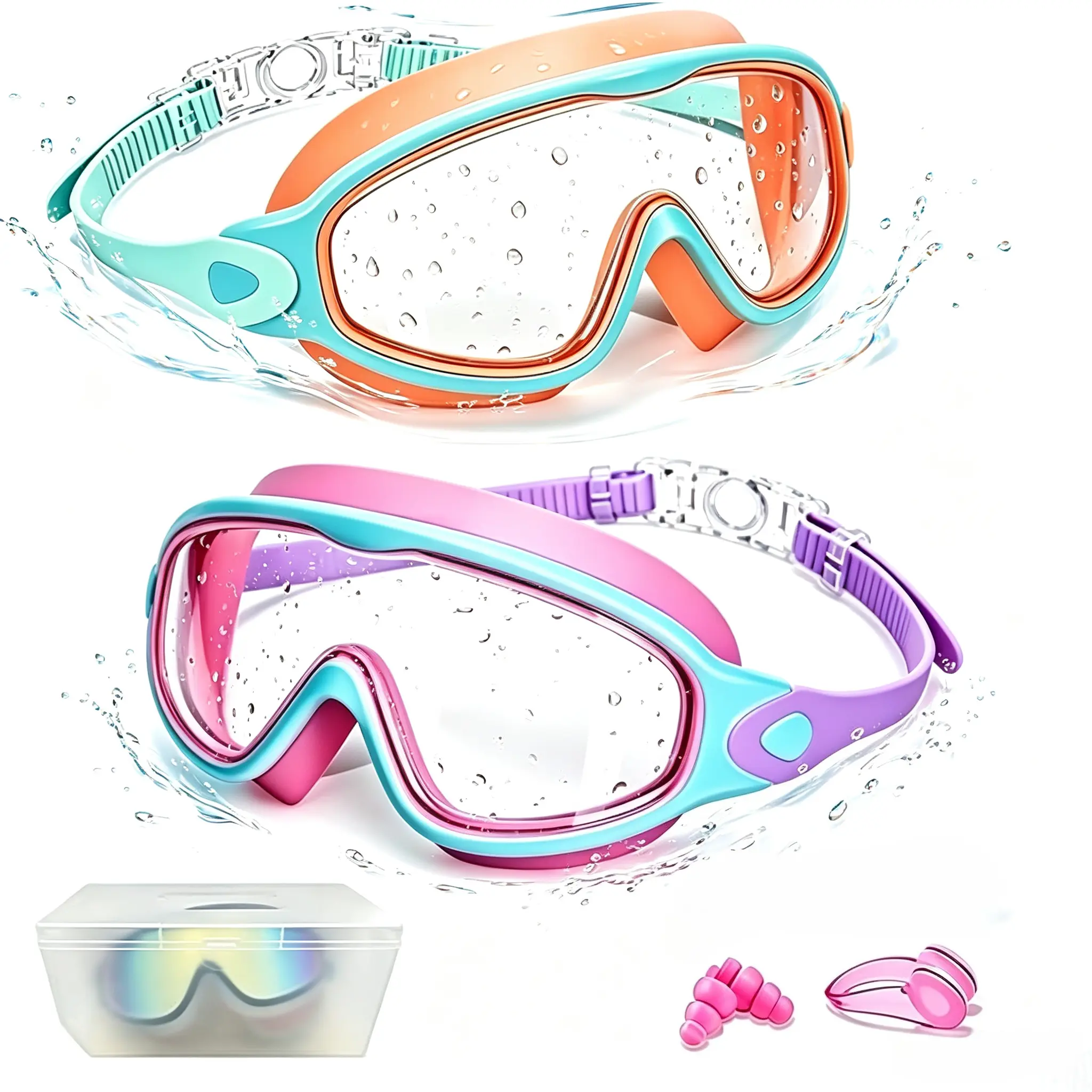 2 Pack Kids Swim Goggles for Ages 3-15, Anti-Fog UV Protection Waterproof Swimming Goggles, Leakproof Wide View Adjustable Goggles with Earplugs & Nose Clip, Perfect for Pool, Beach, and Outdoor Water Sports