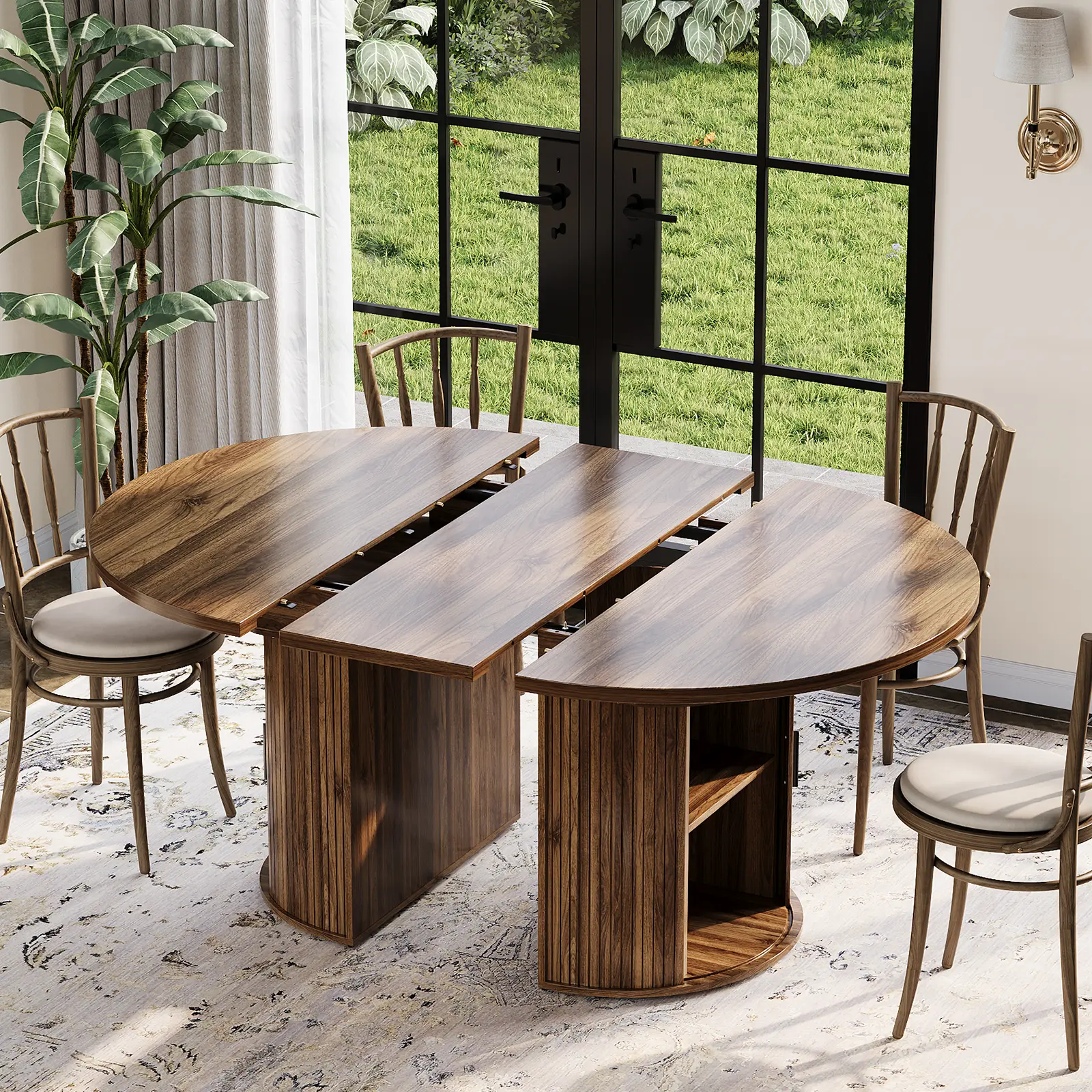63" Extendable Round Dining Table – Expandable Oval Pedestal Table with Hidden Storage, Sliding Doors & Open Shelf for 4-6
