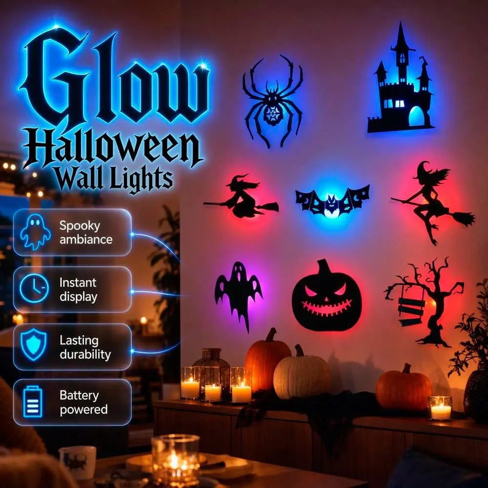 Bat Light LED Decorative Lamp, Halloween Spooky Decoration, 8/12/16 Piece Set, Spider Witch Colorful Glow, Battery Powered, Easy Install
