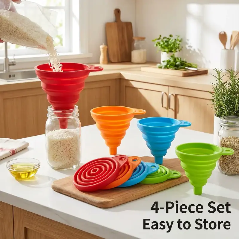 Kitchen Funnel Set, Collapsible Silicone Funnel, Food Grade Kitchenware & Kitchen Gadgets for Filling Water Bottles Liquid Transfer Essential Tools