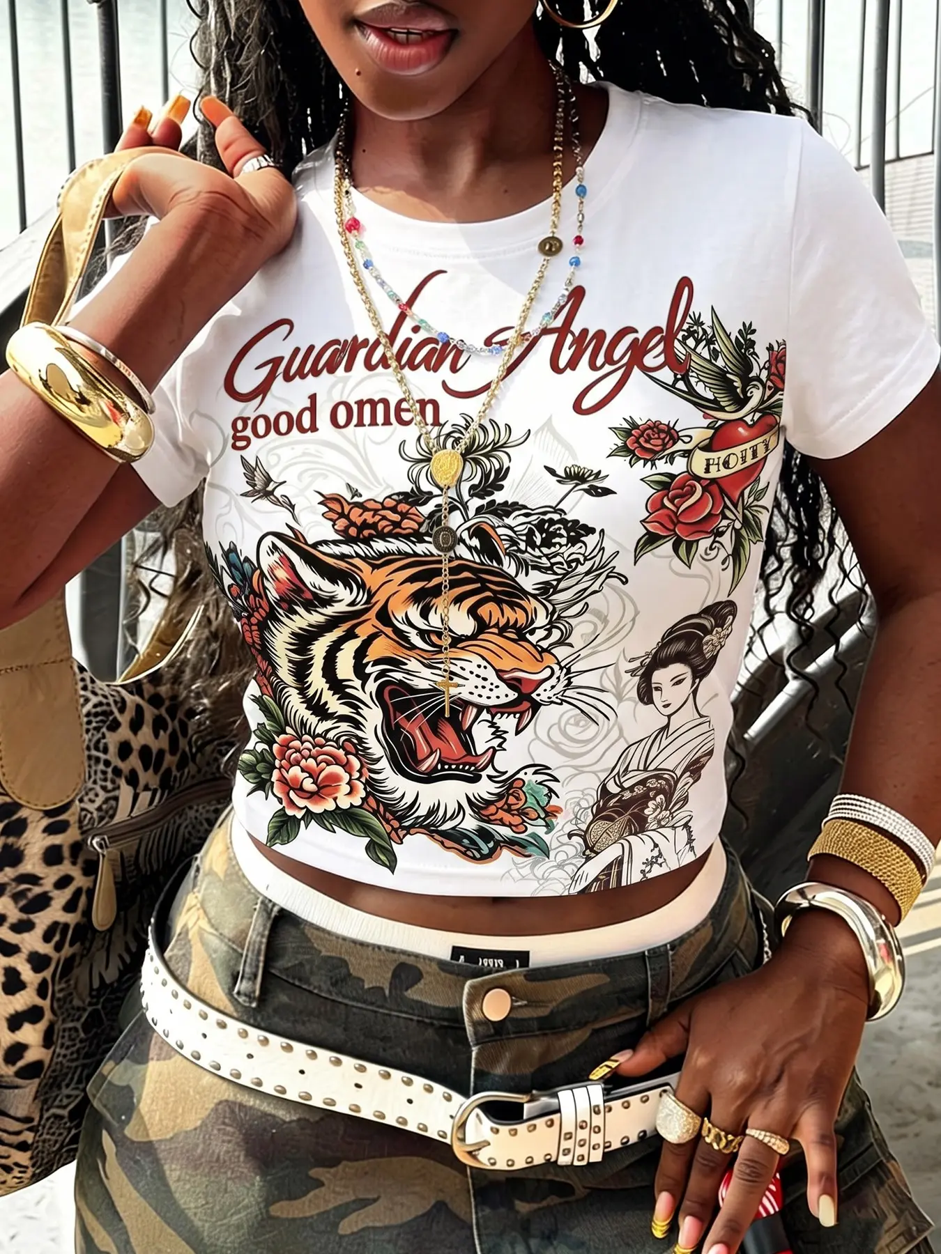 Vintage Mixed Tiger Floral Letter Graphic Print Crew Neck Cropped Short Sleeve Tee Women Relaxed Fit Y2K Summer Casual Daily Street Coffee Shop Running Retro Street Going Out Crop Top #springsaledeals2026 #summertees #fashiontiktok