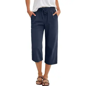 Capris Pants for Women Summer Casual Loose Drawstring Elastic High Waist Straight 2026 Lounge Beach Cropped Trousers