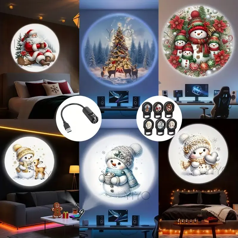 1PC LED Projection Lamp, Christmas Day Home Lighting USB Powered Nightlight, LED Projection Lamp, 6 Patterns:Christmas Tree, Santa Claus, Q Snowman, Suitable for Bedroom, Living Room, Study, Festival Party Scene Atmosphere Decoration, Nice Holiday Gift