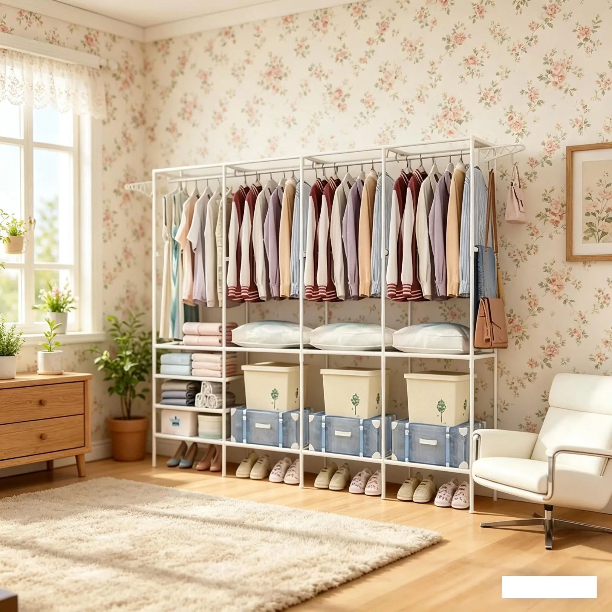 Metal Clothes Rack, Multi-Functional Storage Shelf with Hanger and Tray, Open Closet Organizer, Space-Saving Modern Design,  Bedroom Hanging Rack, Clothing Stand