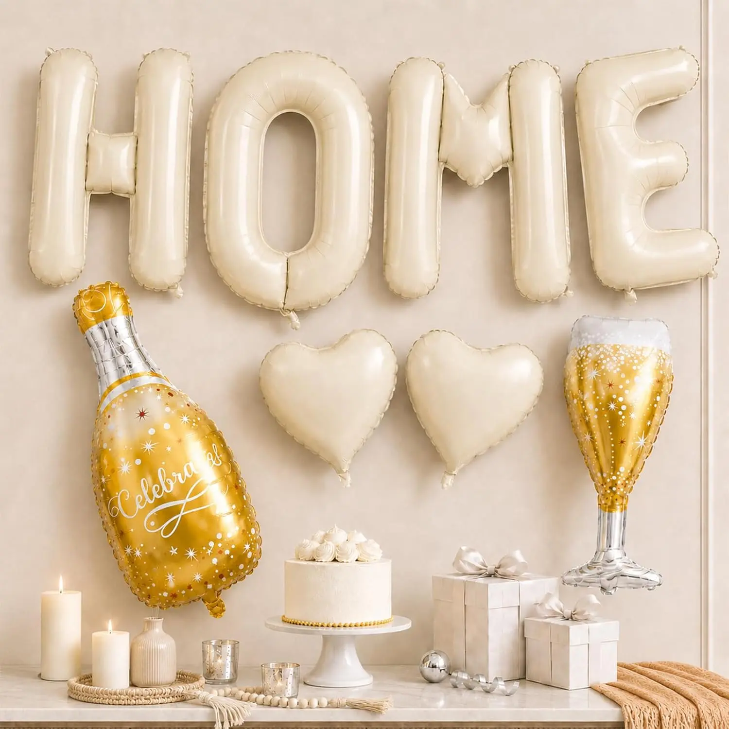 40 Inch Home Balloons Beige – Housewarming Party Decorations Set with Bottle Balloon, Glass Foil Balloon & Heart Balloons, Cream New Home Letter Banner & Welcome Sign for Homecoming Party Decor