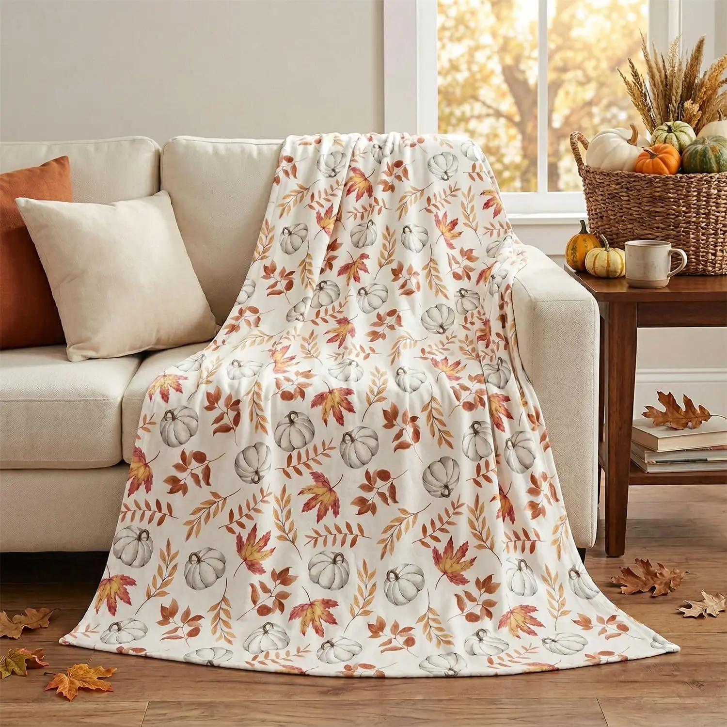 40x50 in Modern Fall Flannel Throw Blanket - Warm & Cozy Blankets with White Pumpkin Leaves Design, Fuzzy Texture Soft Plush Synthetic Fiber Fleece, Fade Resistant for Couch Lounge, Ideal Adult Gift, Home