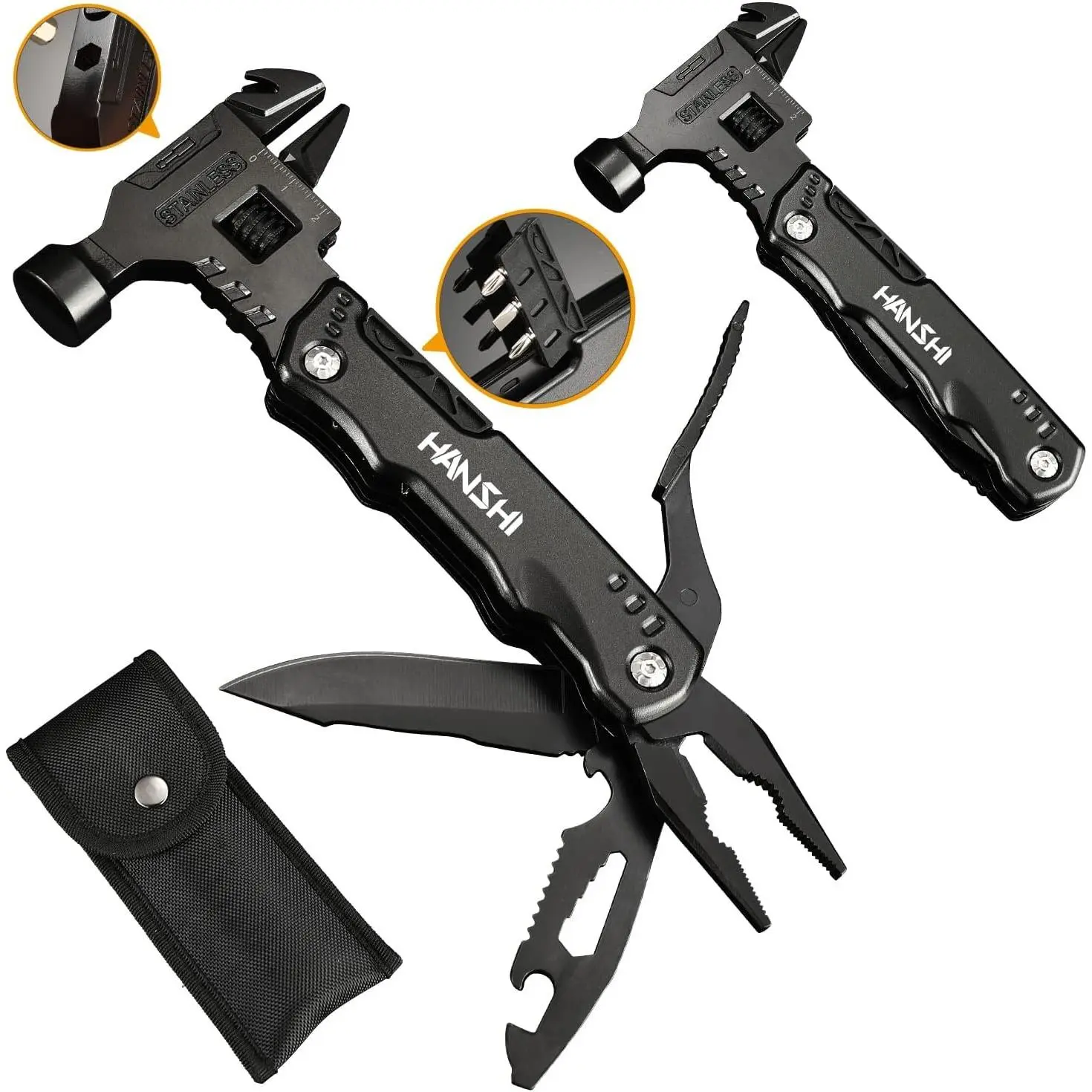 Adjustable Wrench Multitool Hammer for Survival,16 in 1 Multitools Pliers with Nylon Sheath,Pocket Knife Multi Screwdriver Tool All in One Camping Accessories for Stocking Stuffers for MenGift.