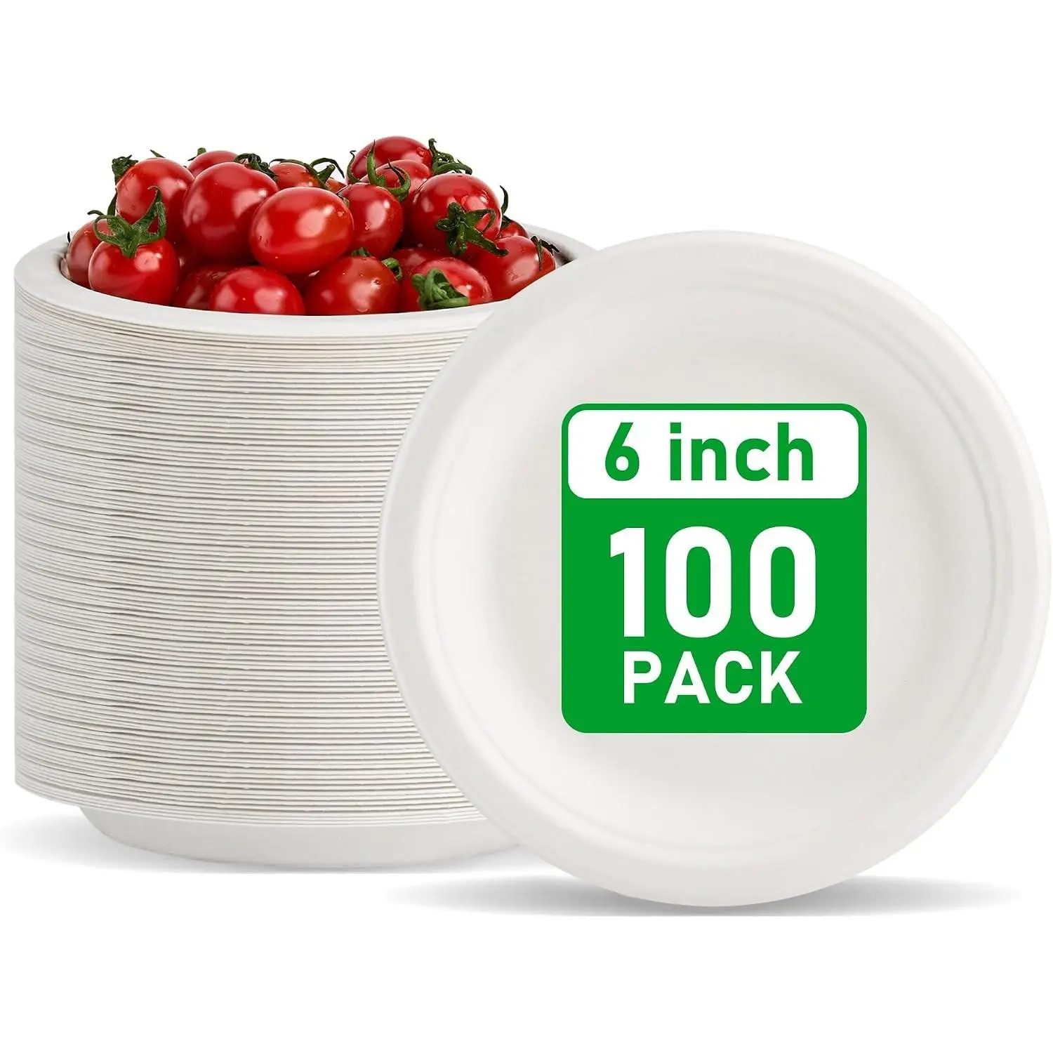 Compostable 6 Inch Paper Plates [100 Pack] | Unbleached White Dessert Plates, Heavy Duty Disposable Biodegradable Sugarcane Fiber Plates, RoundGift