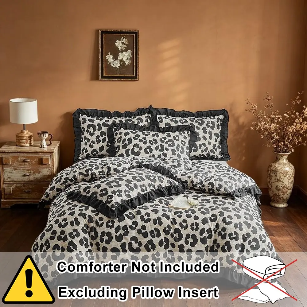 2/3 Leopard print duvet cover set, Printed bedding set, with black ruffles, featuring a zipper and corner straps, bedroom decoration, breathable comfortable bedding, No filling, includes matching pillowcases, holiday or birthday gift, all seasons