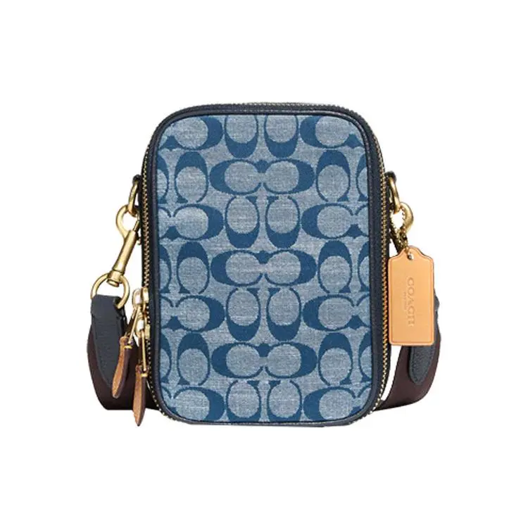 COACH Stanton 13 Crossbody Bag for Men – Camel Print, Canvas and Leather, Brass Hardware, Denim Blue