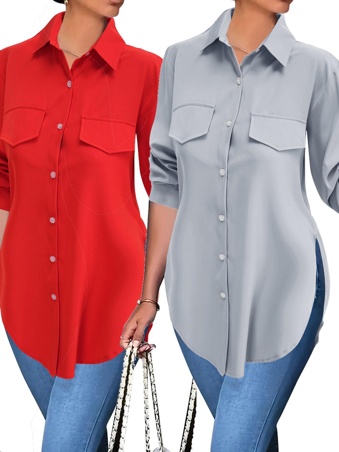 Women's Plain Button Front Split Hem Shirt Blouse, Casual Long Sleeve Collared Top for Spring & Fall, Summer Outfits 2024, Women's Clothing for Daily Wear