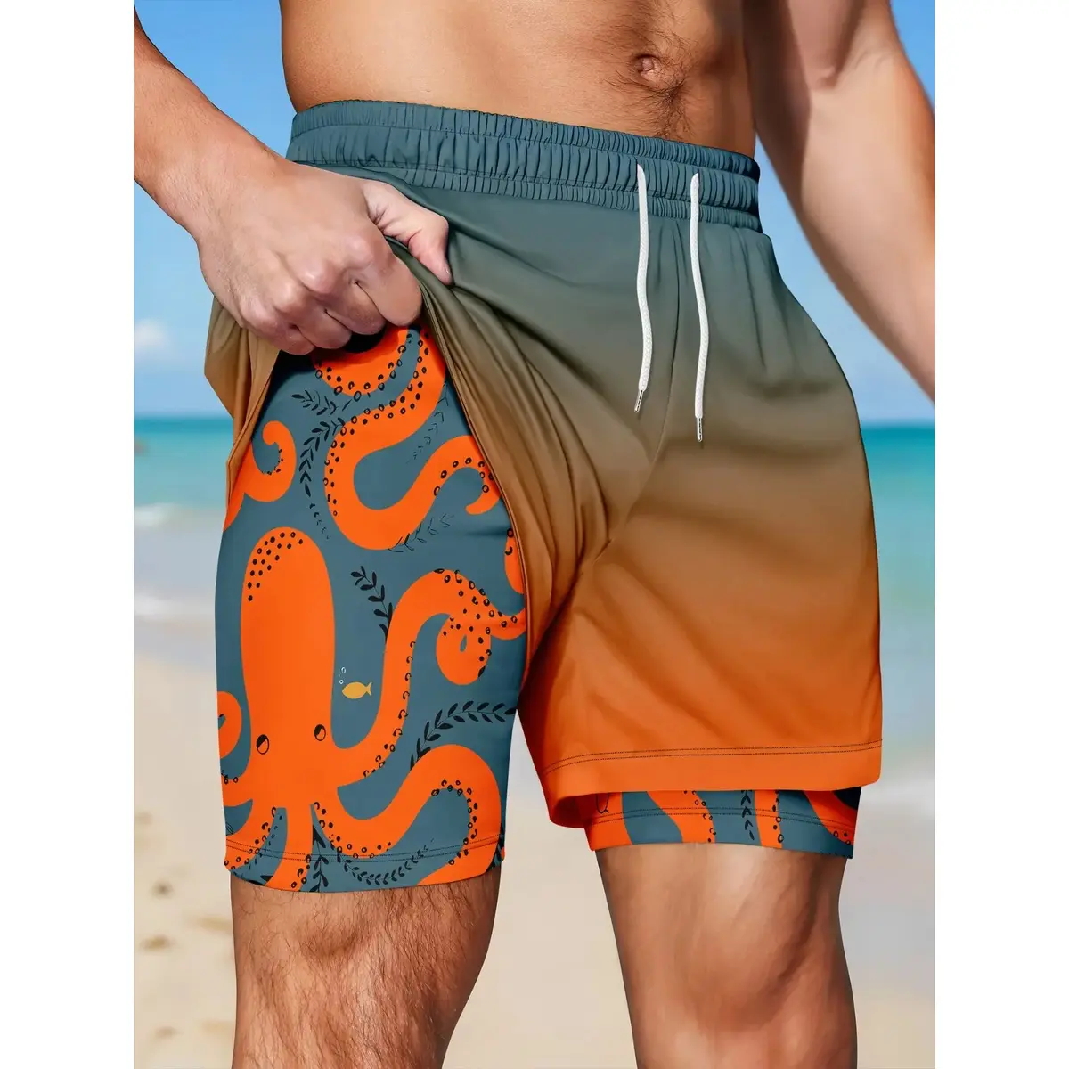 Men’s Double Layer Quick Dry Shorts, 2 in 1 Beach Swim Shorts with Built-in Compression Liner, Comfortable Athletic Running Shorts, Stretch Workout Shorts for Gym, Swimming, Surfing, Hiking, Summer Vacation & Everyday Casual Wear