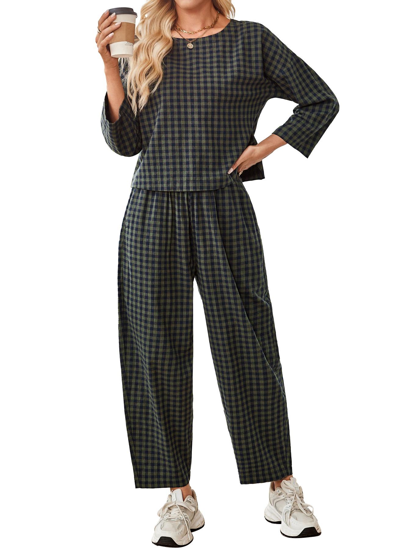 Women's Fall Casual Plaid Print Woven Set, Loose Fit Long Sleeve Top & Elastic Waist Wide Leg Pants Two-Piece for Home Wear, Clothes