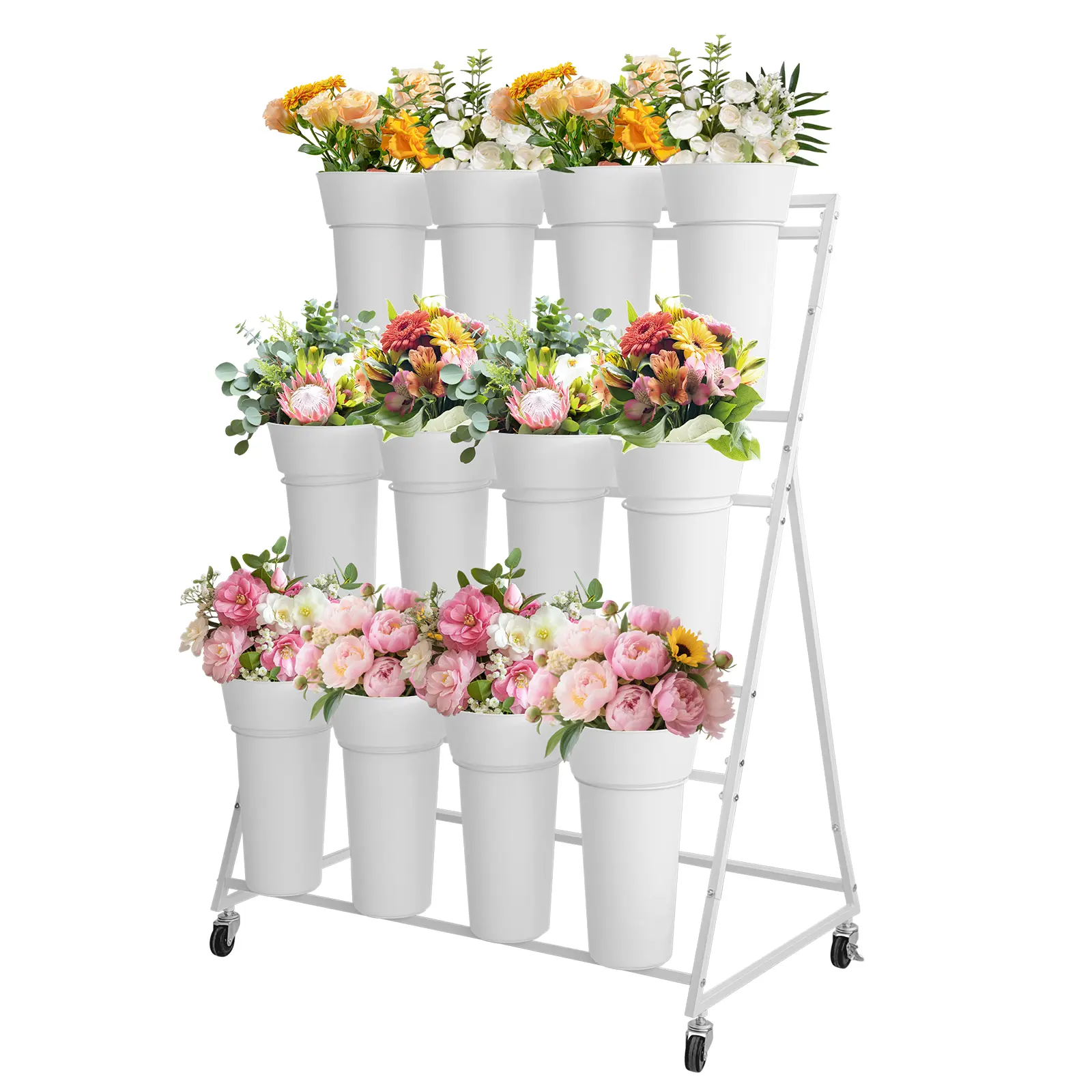 3-Tier White Metal Flower Stand with 12 Removable Buckets & Wheels – Heavy Duty Multi-Layer Plant Display Rack – Ideal for Florist Shop, Patio, Wedding, Indoor & Outdoor Use – Size: 90*55*120cm