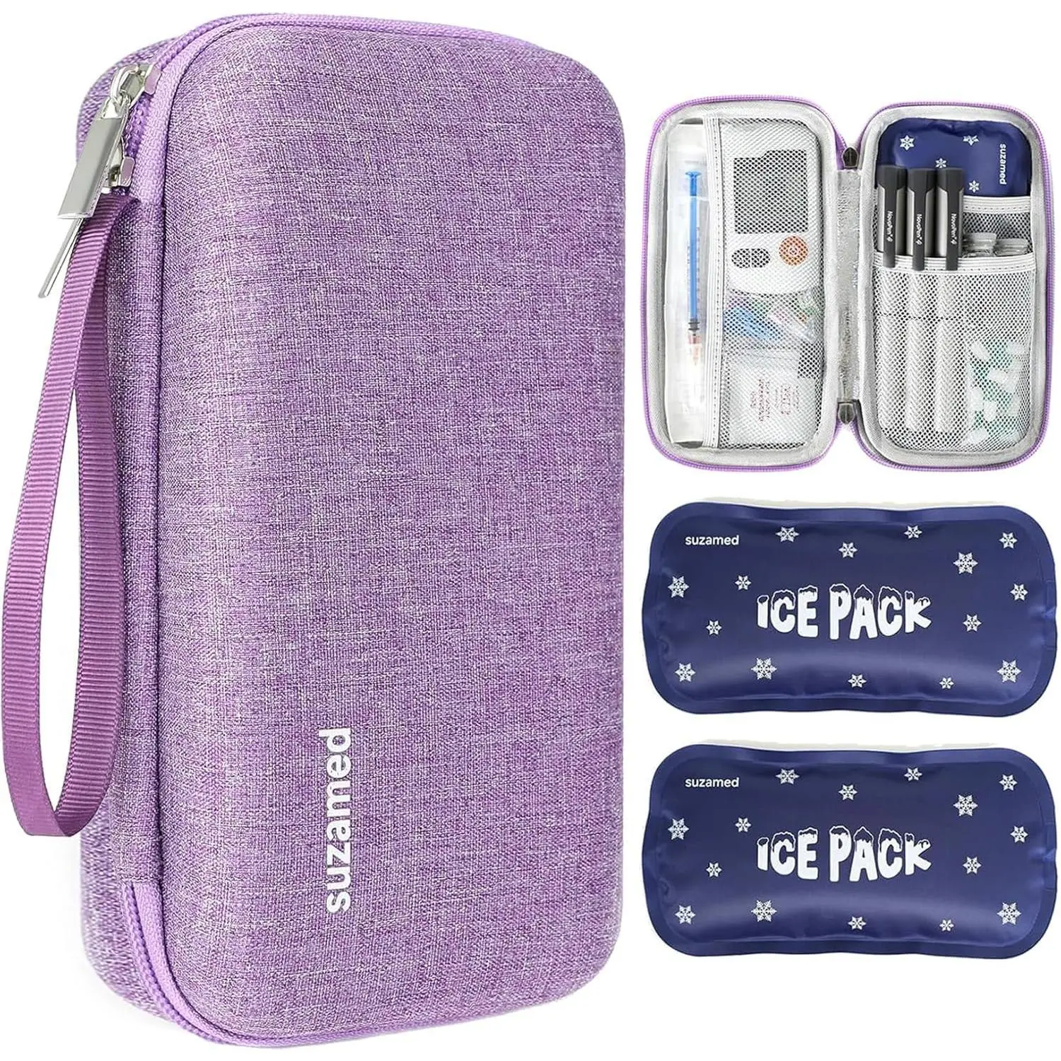 Purple Compact Double-Layer Insulin Cooler Travel Case - Zippered, EVA Insulation, 2 Ice Packs, 2.5*9 Inch Ice Storage Bags, 8.27*4.33*2.36 Inch - Home Organizer for Diabetic Patients, Insulin Pens, Supplies, Keeps Meds Cold Longer, 2.5*9Inch