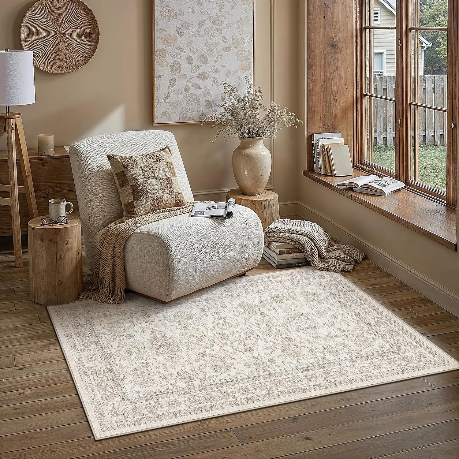 Area Rug 5x7 Retro Beige Machine Washable Living Room Rugs Distressed Vintage Floral Vacuumable Low Pile Carpet Bedroom Office Dining Room Laundry Room Non Slip Soft Lightweight