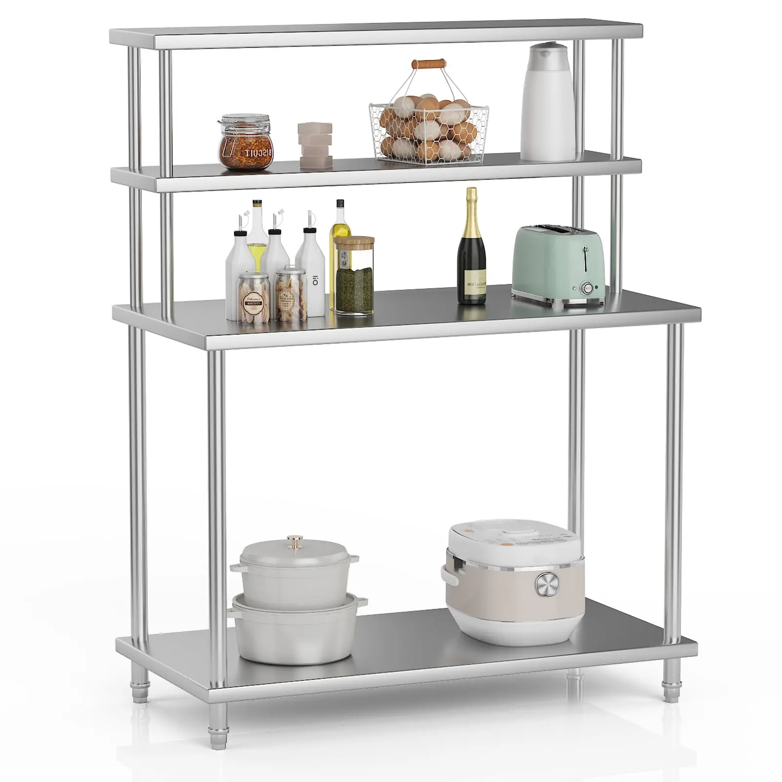 Garvee Stainless Steel Commercial Work Tables and Overshelves with Adjustable Double-Tier Shelves, Heavy-Duty Metal Construction, Multiple Sizes for Kitchen, Restaurant, Garage, and Warehouse Use