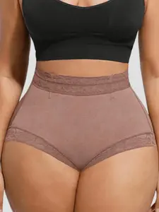 High Waist Lace Trim Seamless Shapewear Shorts, Womens Underwear Safety Boy Shorts, Smooth No Roll No Lines Tummy Control Butt Lifter Body Shaper, Snatched Curves Shapewear For Postpartum Moms & Wedding Guest Outfit