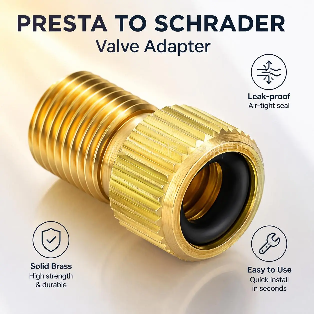 Presta-to-Schrader Valve Adapter for Road Bikes - Precision CNC-Machined Solid Brass, Leak-Proof Sealing, Compatible with Floor Pumps and Air Compressors for Reliable Tire Inflation