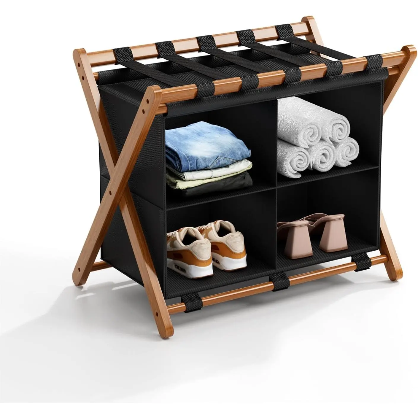 Luggage Rack with 4 Storage Compartments, Foldable Suitcase Stand for Guest Room, 150lbs Capacity, Sturdy, Space-Saving and Easy to Assemble Organizer