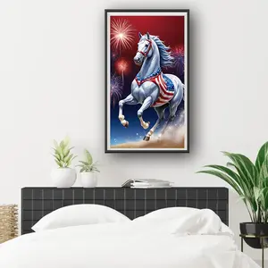 A 2D Flat Unframed Handmade DIY Diamond Painting Kit American Flag White Horse Fireworks Theme Suitable for Handicraft Enthusiasts Home Decoration
