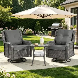Greenish Spring 3 Pieces Patio Bistro Set, Rattan Wicker Swivel Rocking Chairs with Thickened Cushions and Table, Comfortable Outdoor Furniture for Garden Lawn