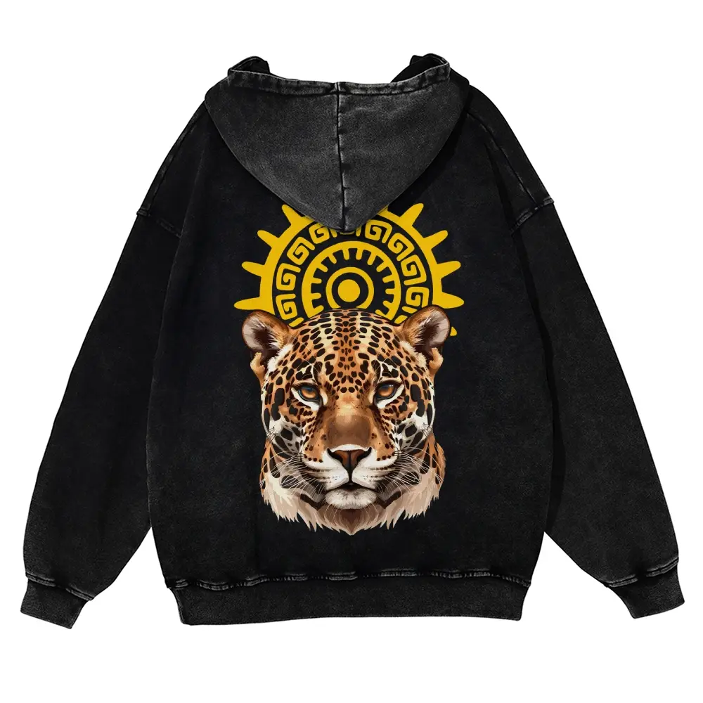 Unisex Jaguar, tiger, wild beast, Mayan sun totem Graphic Washed hoodie Personalized Pattern Y2k Clothing Round Neck Washed hoodie,Women's Clothing 100% Cotton, Menswear, Top, Vintage Style,Summer Casual Oversized