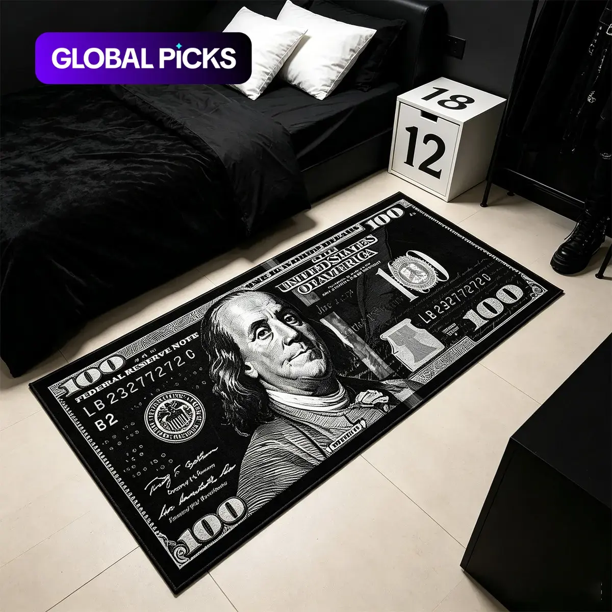 1 piece Black and white dollar dollar long rug, American hip-hop high street bedroom bedside rug, soft velvet rug, birthday gift, gothic style home decor rug, House Decor Rug, Home Decorative Rug, suitable for living room, bedroom, bedside #GLOBAL PICKS