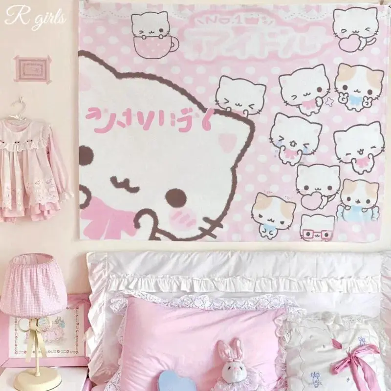 Super Cute Kitten Tapestry Wall Hanging, Adorable Cat Meme Wall Banner, Kawaii Bedside Dorm Room Decor Aesthetic, Indoor Home Poster Cloth
