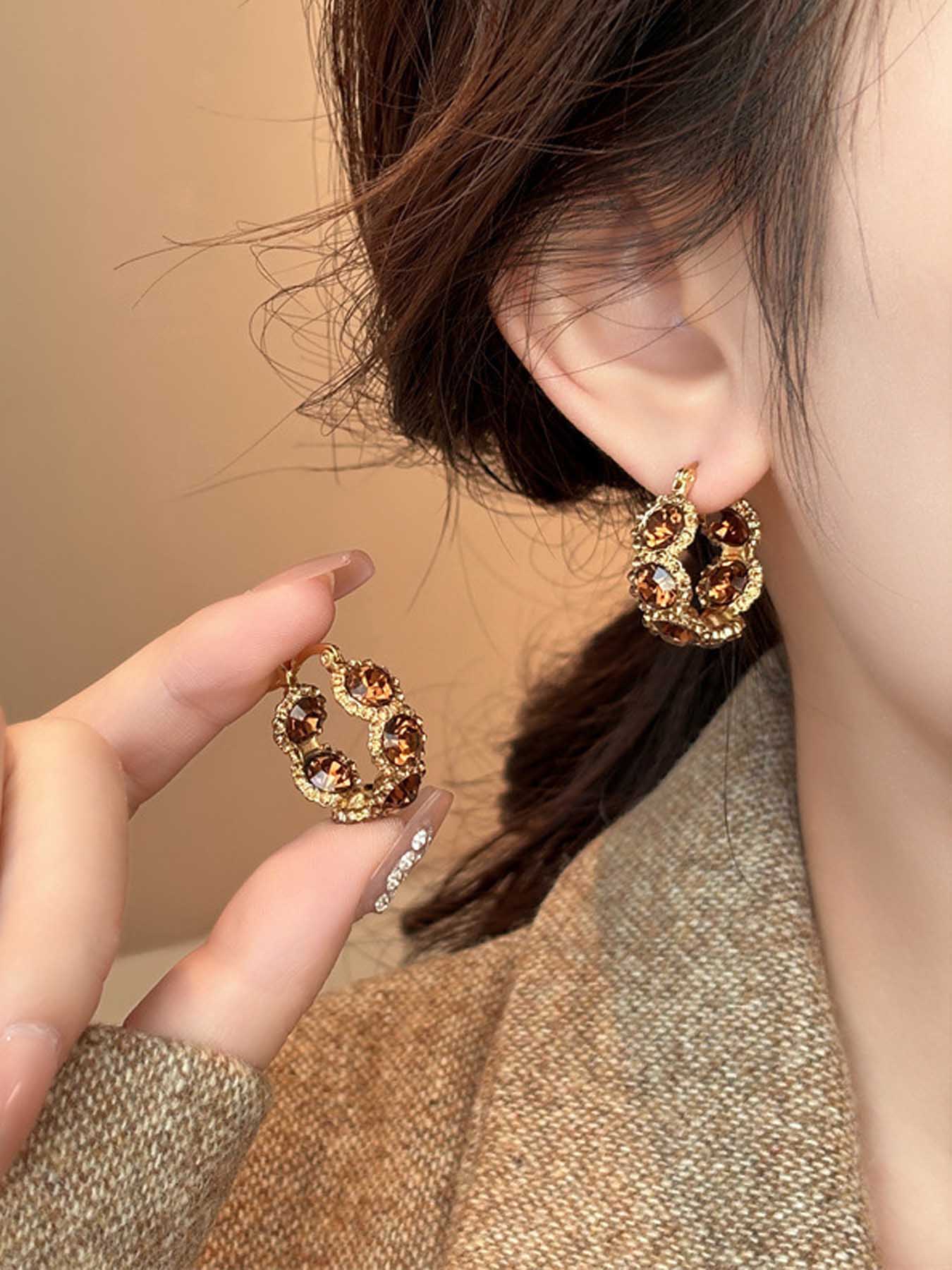 Fashionable Artificial Crystal Decorated Hoop Earrings, Lightweight Earring, Fashion Jewelry for Party, Daily Clothing Decor, Trendy All-match & Exquisite Jewelry for Birthday Gift