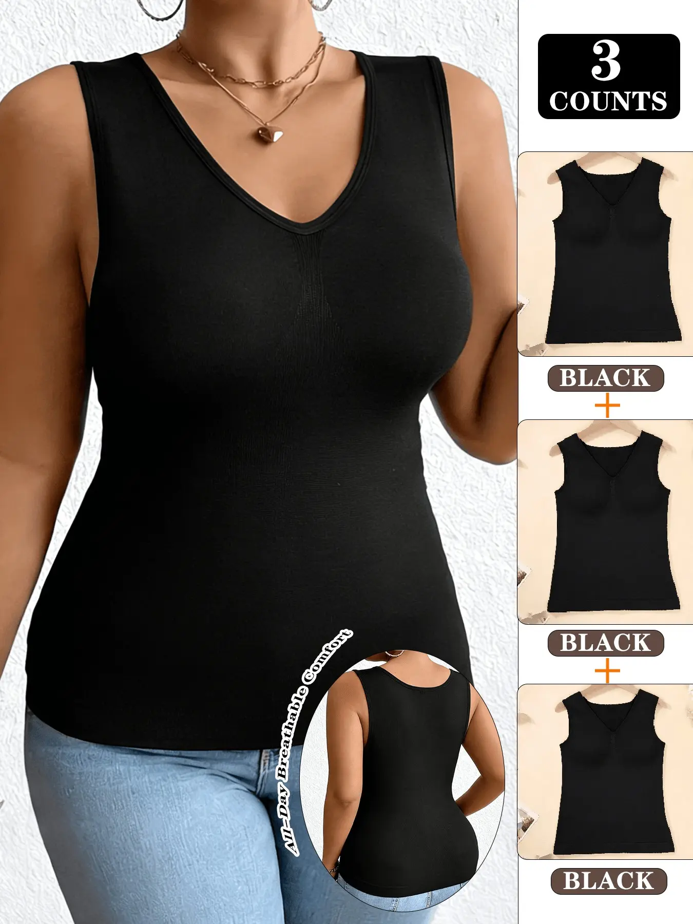 3-PCS Plus-Size Women's Slimming Sleeveless Shapewear Vest, Deep V Neck Waist Cincher Breathable Ribbed Strap, Daily Layering Basic Top