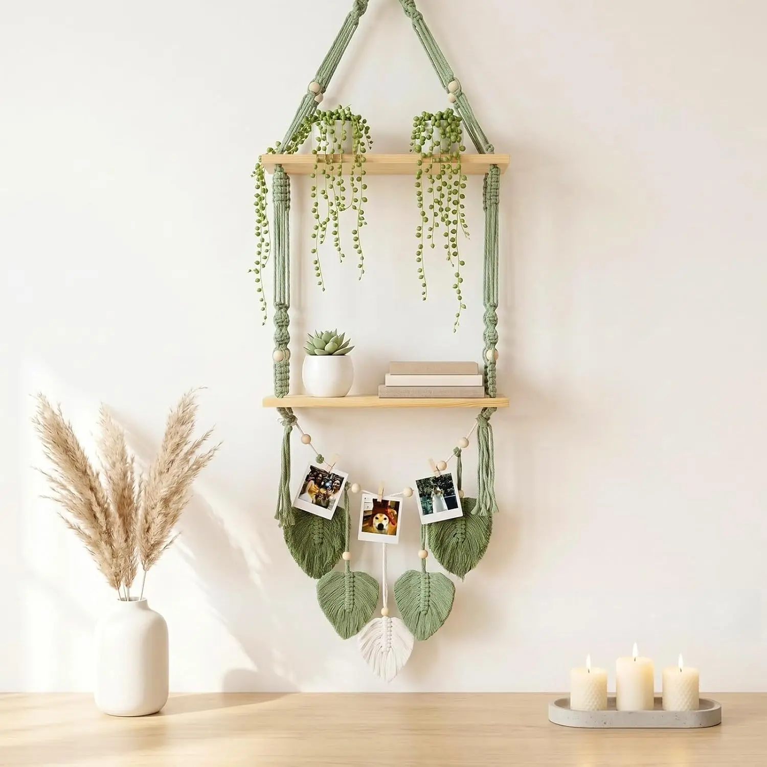 Hanging Shelves, Small Wall Shelf with Leaf Macrame Tapestry, Wooden Floating Shelf for Photos, Plants, Candles, Rustic Boho Wall Decor for Bedroom, Nursery, Dorm, Living Room