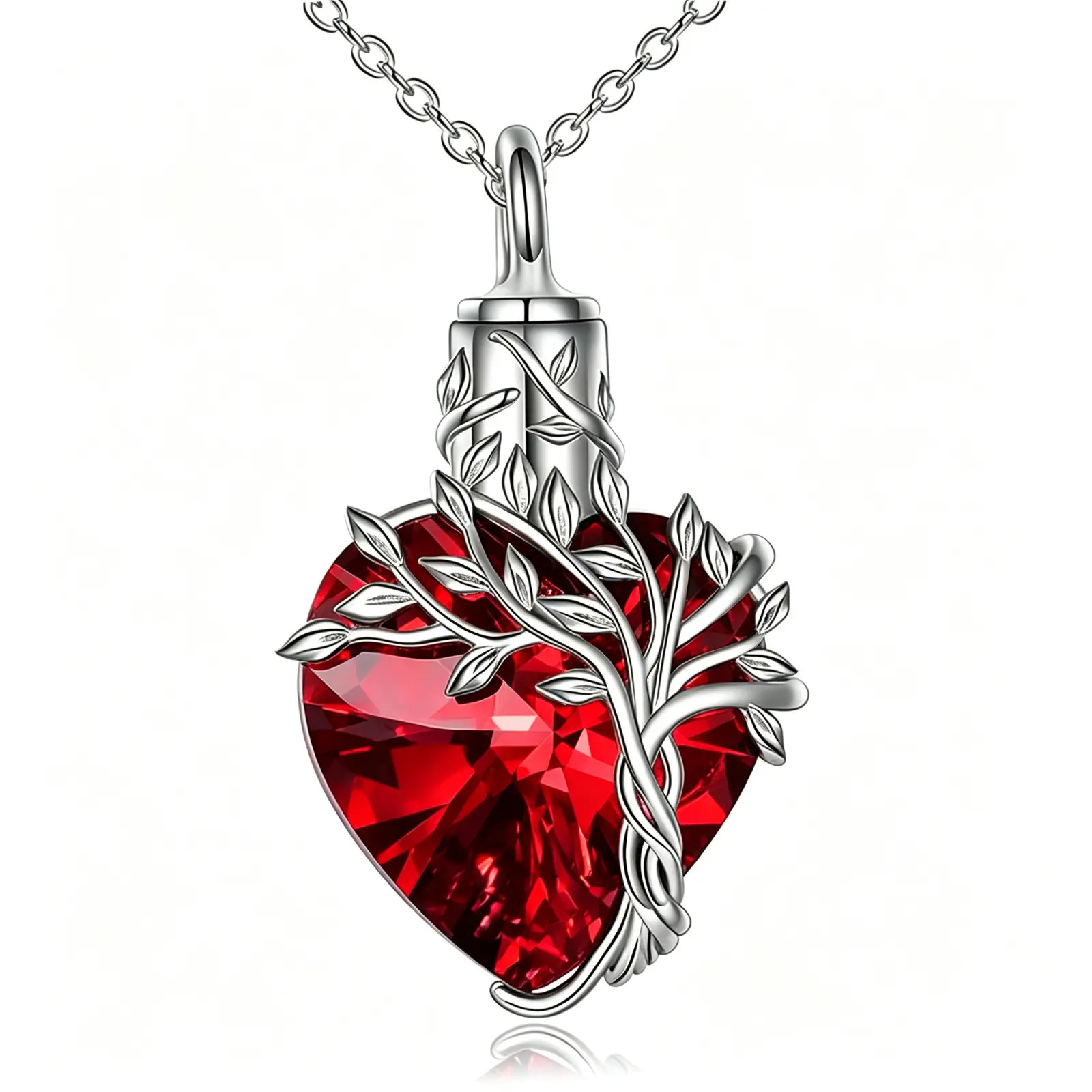 Cremation Jewelry Heart Tree of Life Crystal Urn Necklace with Tree Motif - Red