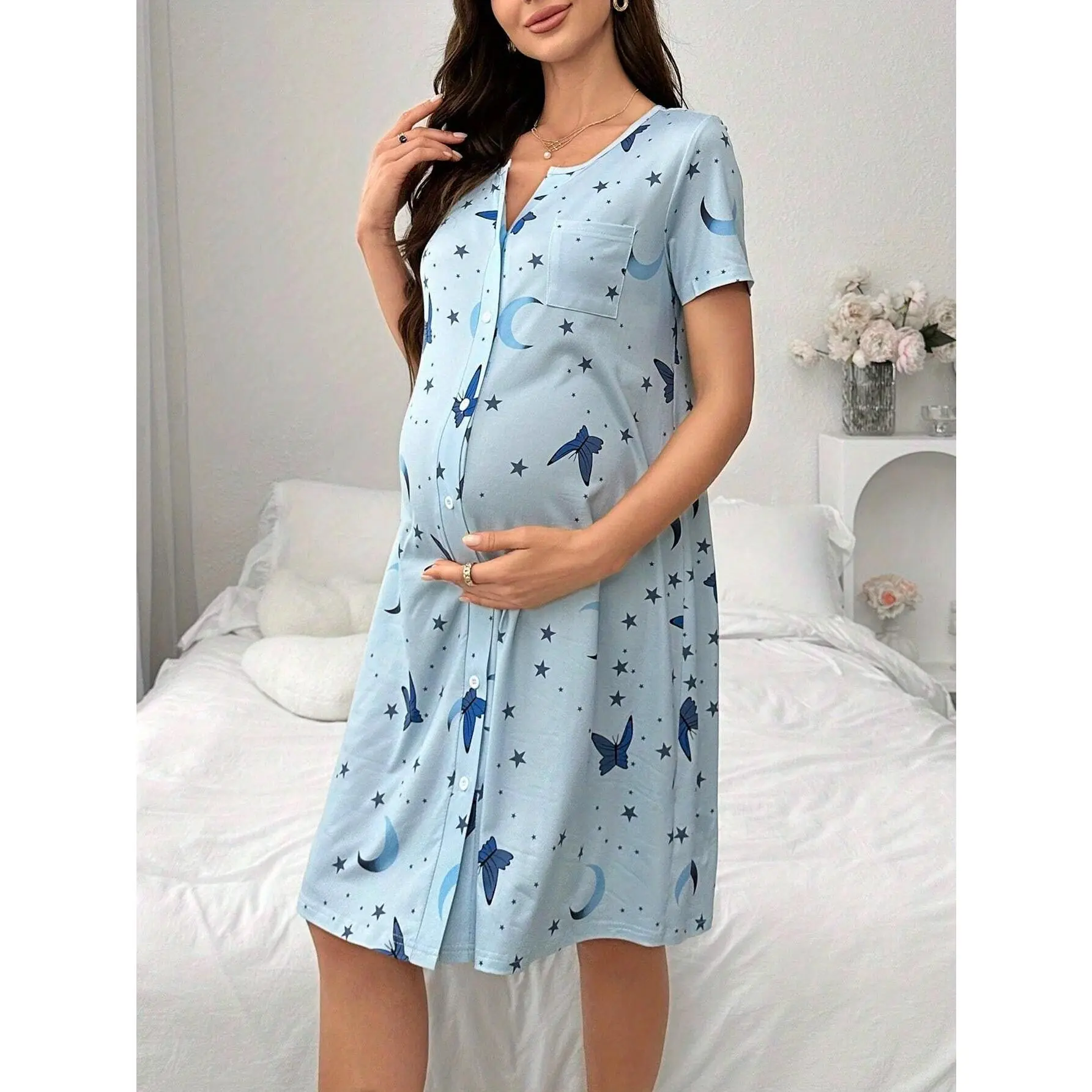 [Maternity Nursing Pajamas] Maternity Nursing Pajamas Home Wear Casual Nightgown Short Sleeve Dress Summer Dress Comfortable Spring And Summer Pregnant Women's Clothes