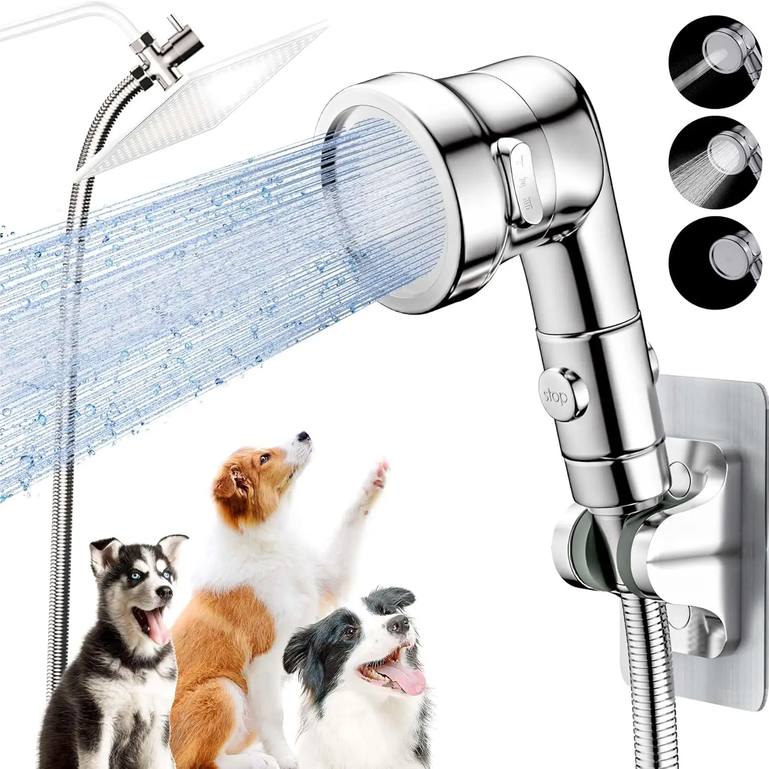 3 Mode High Pressure Dog Shower Attachment Kit, Pet Bath Sprayer with 8.2FT Hose Diverter Brush Adhesive Holder