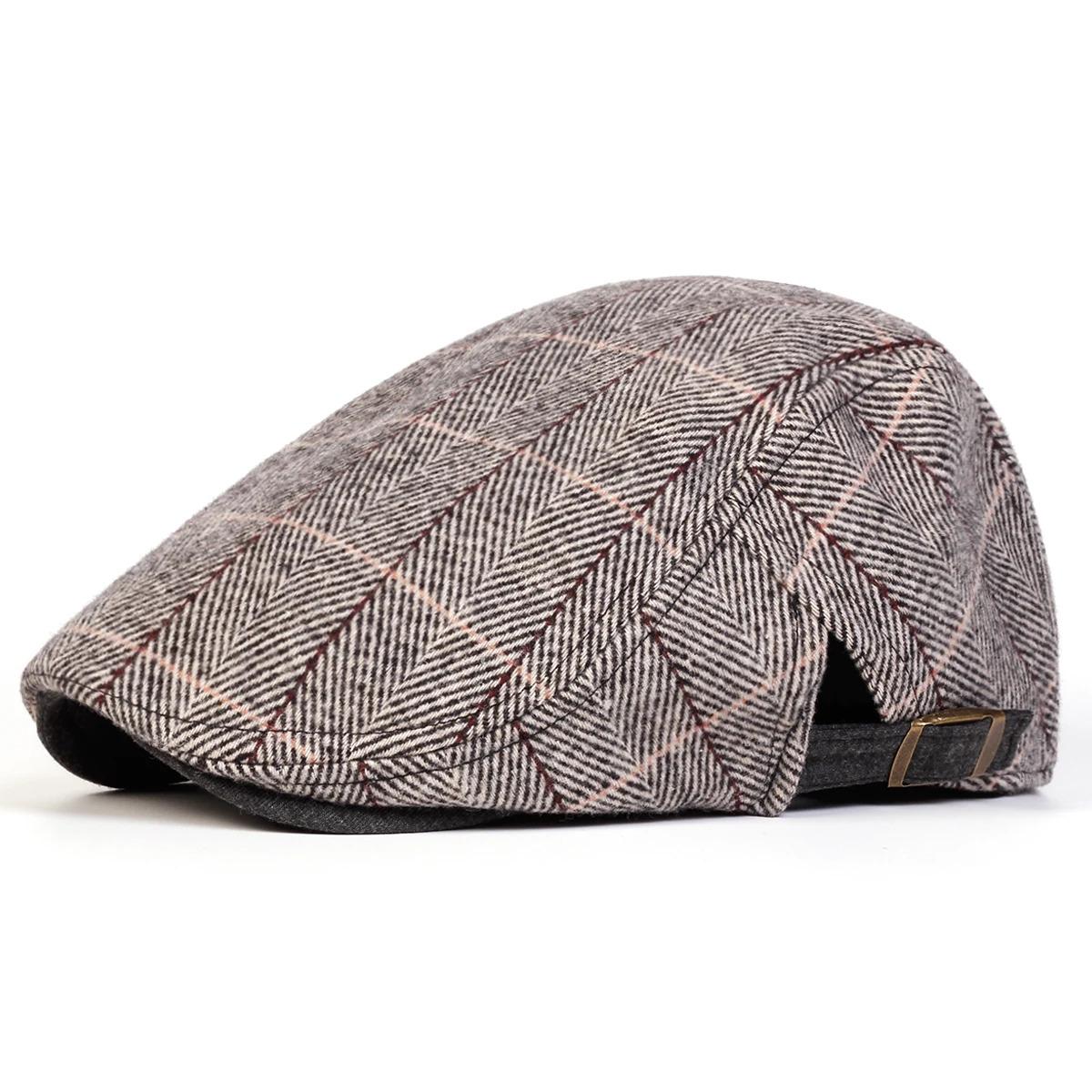 Men Retro Herringbone Grid Newsboy Caps British Painters Hats Side Buckle Adjustable Flat Cap Hip Hop Berets